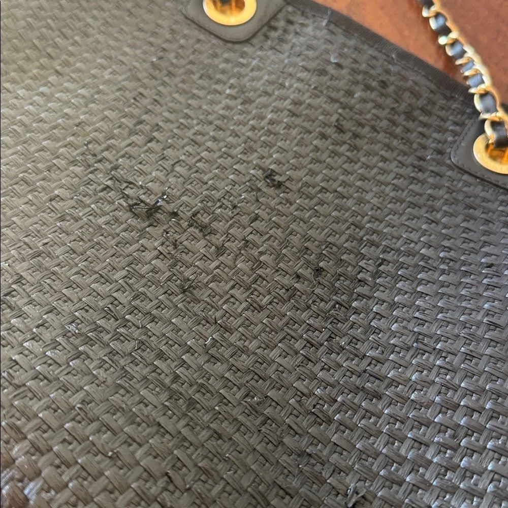 CHANEL Straw Raffia‎ Calfskin Chain Deauville Tote Black